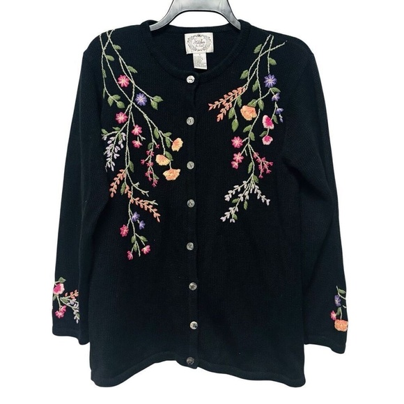 American Vintage Sweaters - Vintage Black Embroidered Floral Button Ramie Cotton Blend Cardigan‎ Size Small